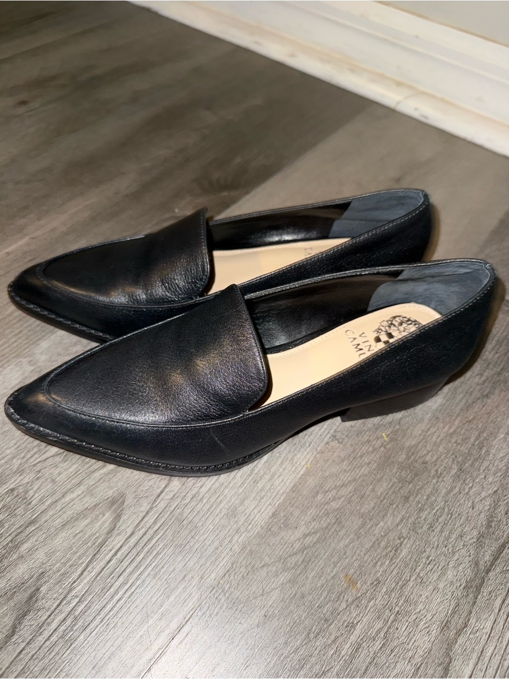 Vince Camuto Black Pointed Leather Moccasins